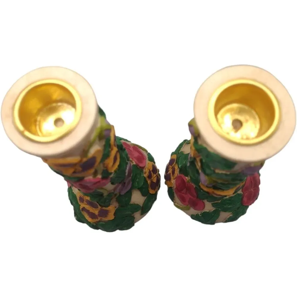 Vintage Floral Hand Painted Candle Holders 3D Resin & Brass Colorful 7" Flowers - Picture 5 of 10